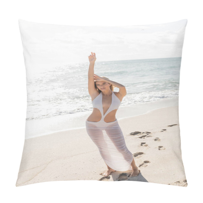 Personality  A Young, Blonde Woman Stands Gracefully On The Sandy Shores Of Miami Beach, Taking In The Scenic Beauty Around Her. Pillow Covers