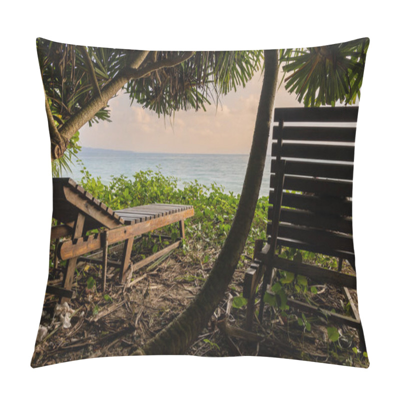 Personality  Wood Beach Chair Sitting With Sea Horizon Sunrise View From Unique Perspective At Morning Image Is Taken At Kala Pathar Beach Havelock Andaman And Nicobar Islands. Pillow Covers