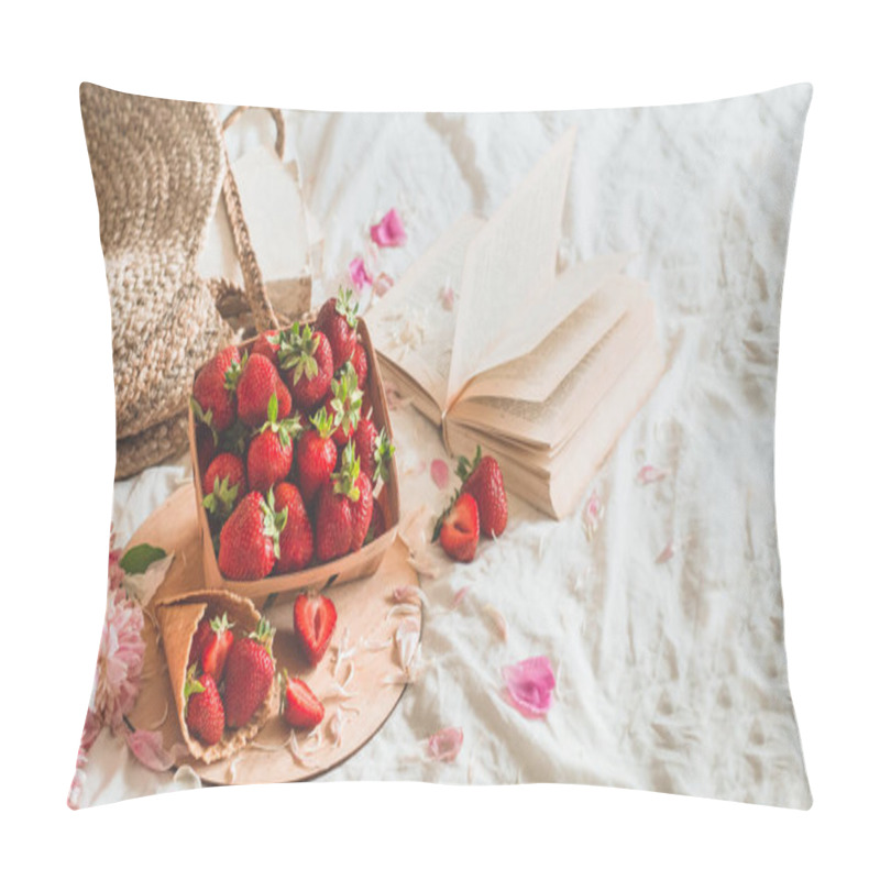 Personality  Still Life Details In Home Interior Of Living Room. Basket With Strawberries Pions Flowers And Spring Decor On The Books Pillow Covers