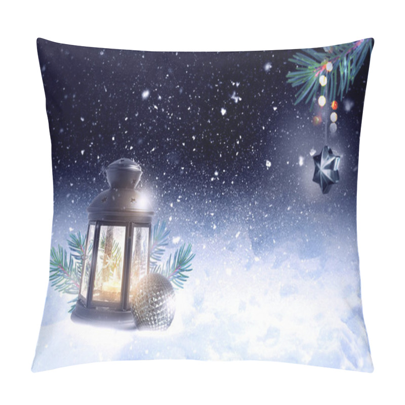 Personality  Christmas Lantern In The Snow And Toy Hangs On Spruce Branches At Winter Night. Pillow Covers