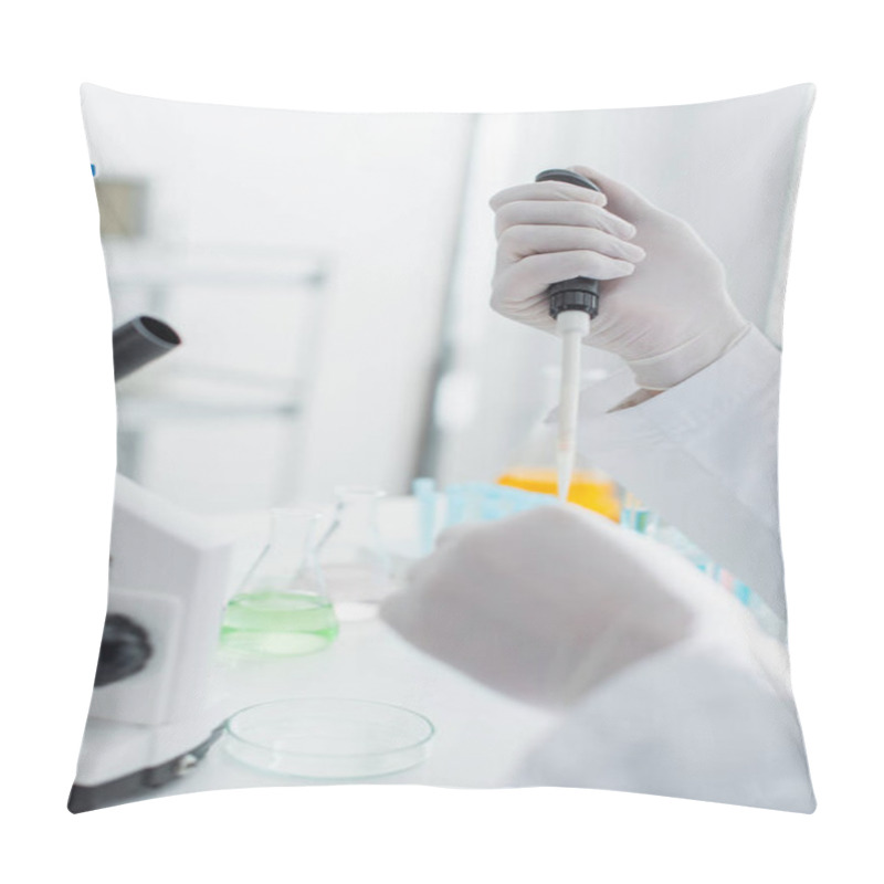 Personality  Cropped View Of Bioengineer With Micropipette Working Near Blurred Microscope Pillow Covers