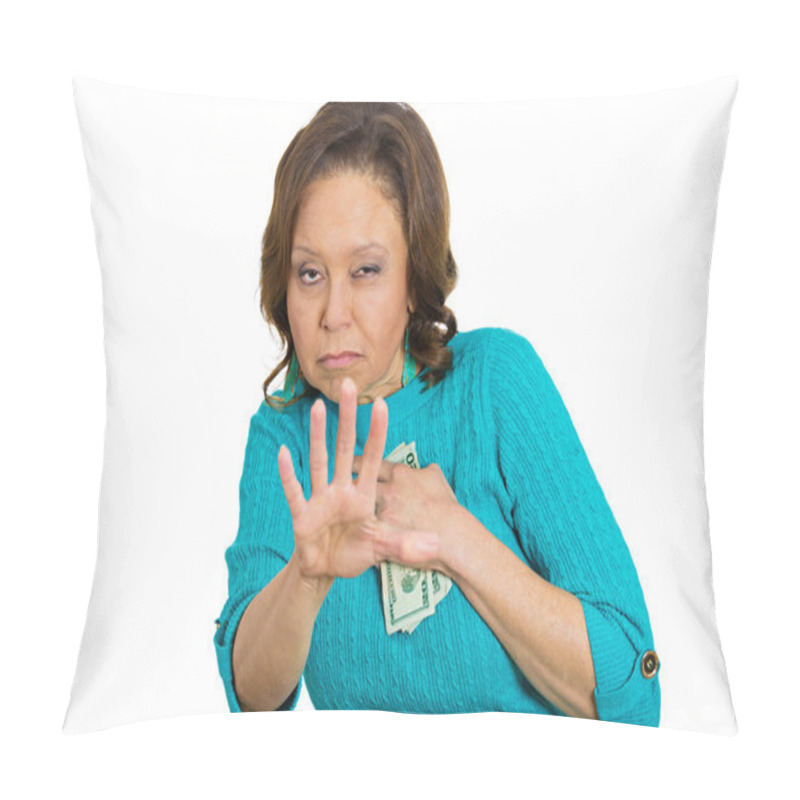 Personality  Greedy Senior, Mature Woman Business Employee, Worker Holding Dollar Bills Pillow Covers