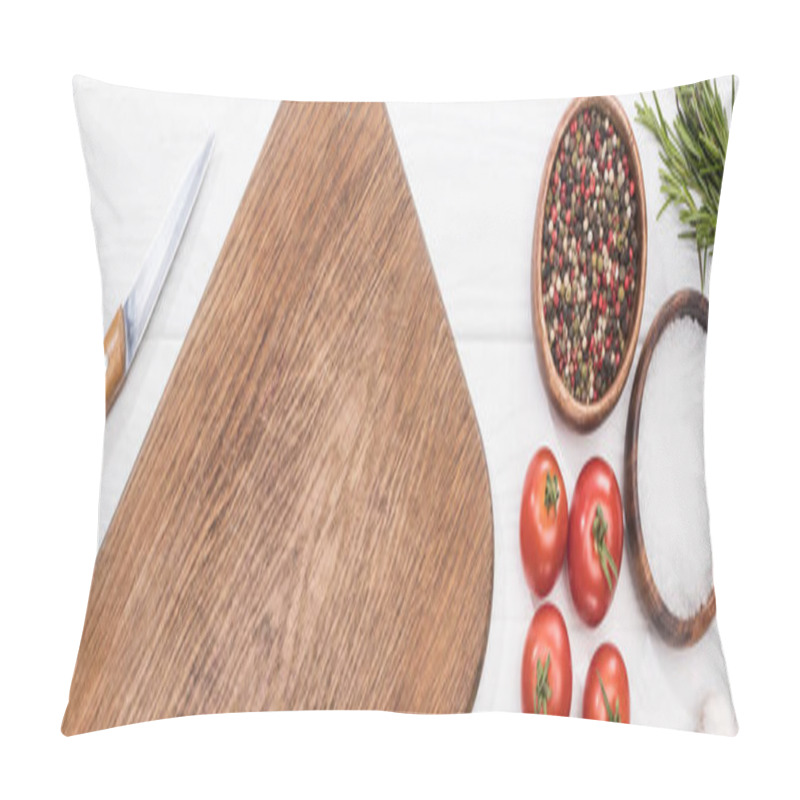 Personality  Panoramic Shot Of Wooden Chopping Board, Cherry Tomatoes, Knife, Salt, Spices And Rosemary Pillow Covers