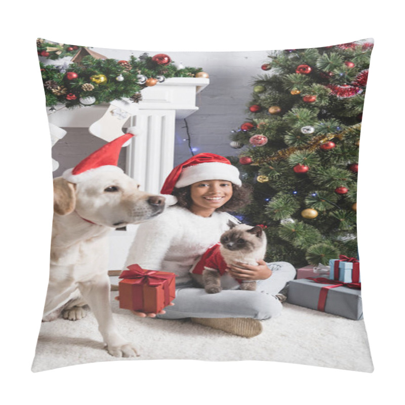 Personality  Happy African American Girl Holding Gift Box While Sitting With Cat And Dog Near Christmas Tree  Pillow Covers