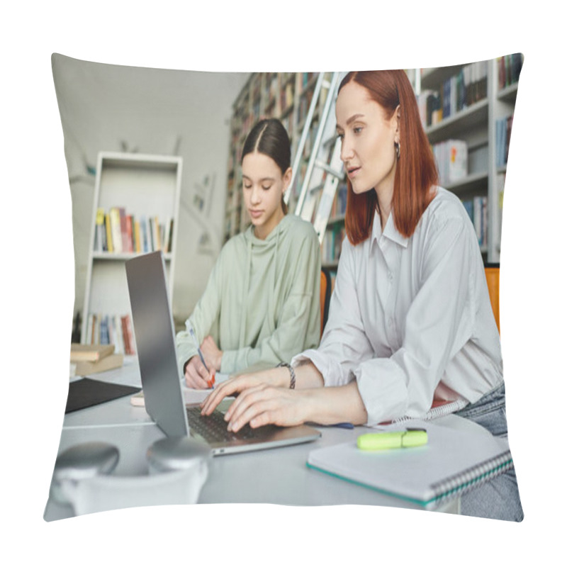 Personality  Redhead Tutor Engages In After-school Tutoring Lesson With Teenage Girl In Library Setting, Both Focused On Laptop. Pillow Covers