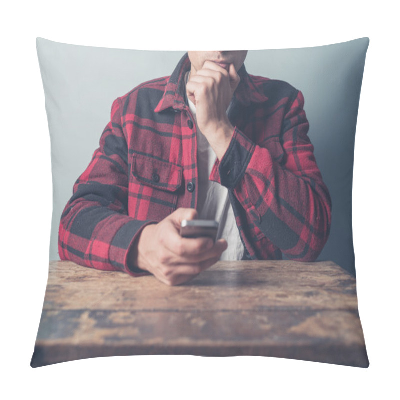 Personality  Young Man At Table Using Smart Phone Pillow Covers