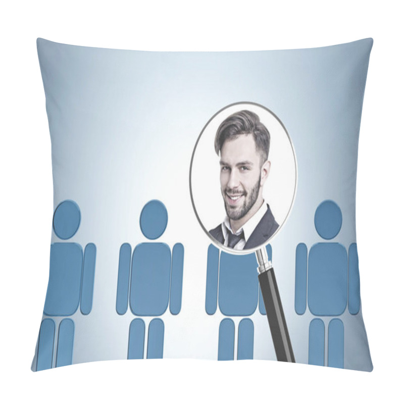 Personality  Portrait Of Smiling Young Businessman In Magnifying Glass Over Row Of Blue Human Figures In Gray Room. HR Concept. Pillow Covers