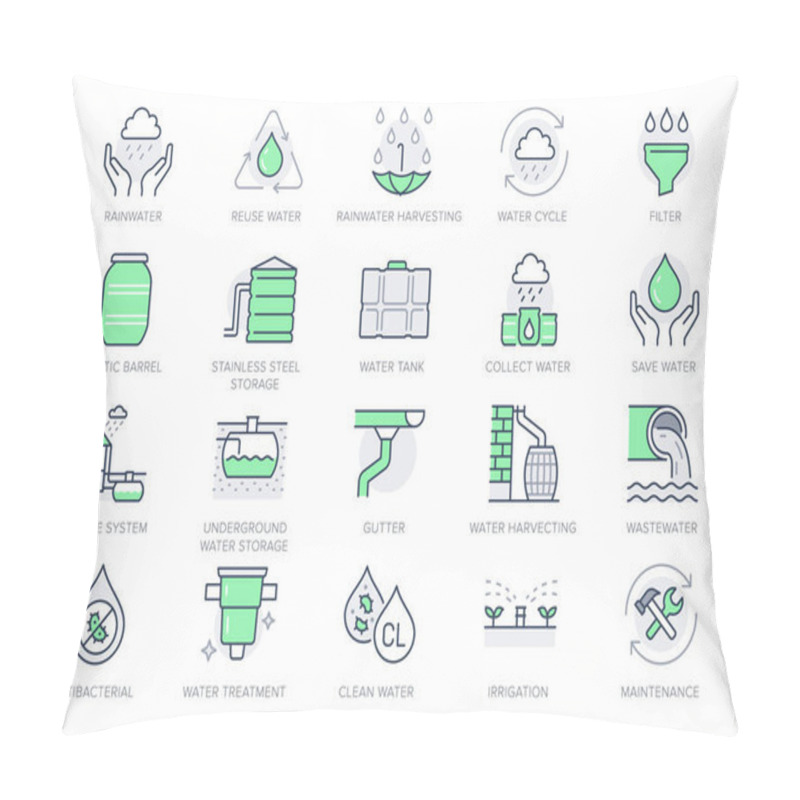 Personality  Rainwater Harvesting Line Icons. Vector Illustration Include Icon - Barrel, Stainless Steel Reservoir, Liquid Drainage Outline Pictogram For Water Recycling. Green Color, Editable Stroke Pillow Covers