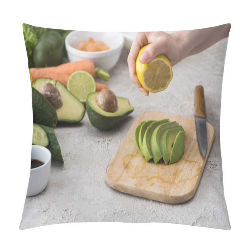 Personality  Cropped View Of Woman Squeezing Lemon On Cut Avocado On Cutting Board  Pillow Covers