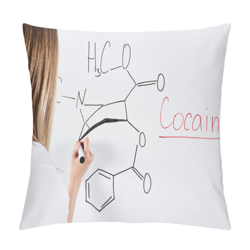 Personality  Cropped View Of Woman Writing Chemical Formula On White Board  Pillow Covers