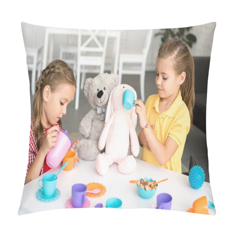 Personality  Adorable Little Sisters Pretending To Have Tea Party Together At Home Pillow Covers