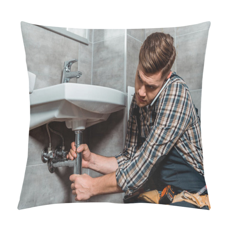 Personality  Installer Touching Pipe While Talking On Smartphone In Bathroom  Pillow Covers