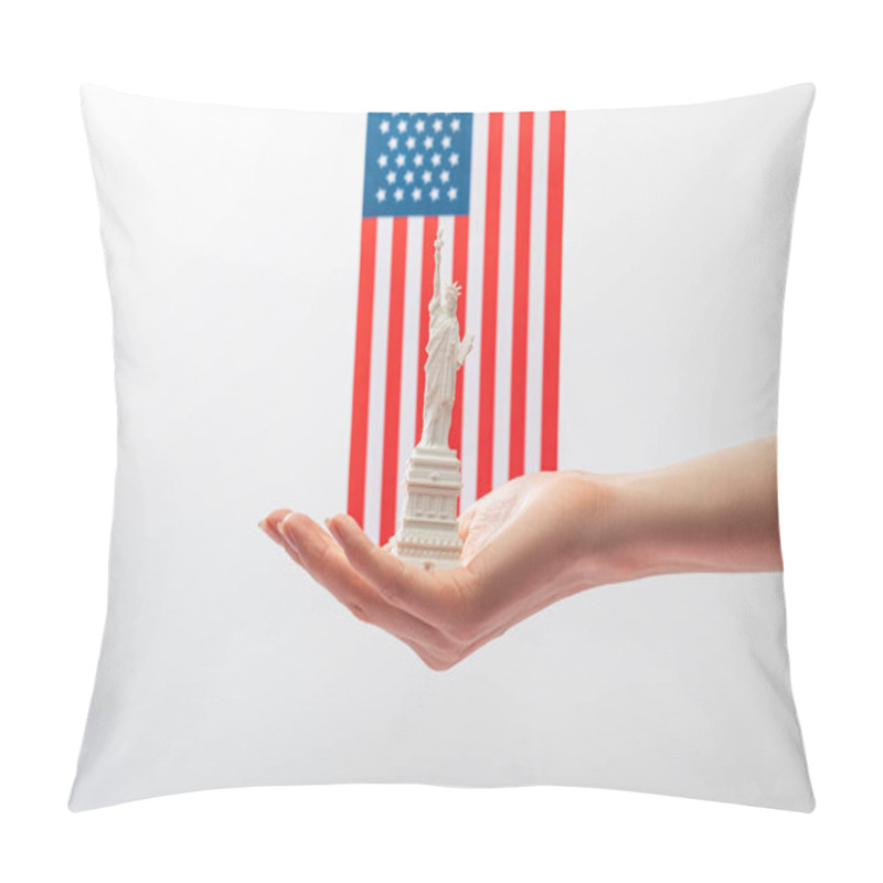 Personality  Cropped View Of Woman Holding Small Statue Of Liberty Near American Flag Isolated On White  Pillow Covers