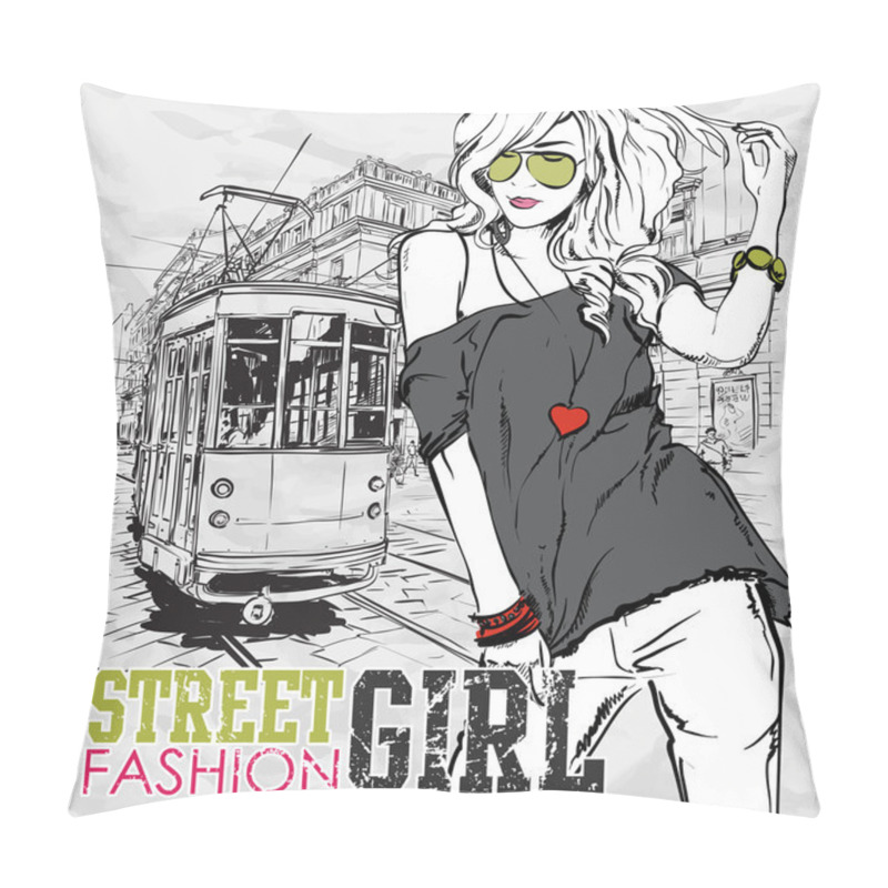 Personality  Vector Illustration Of A Fashion Girl And Old Tram. Pillow Covers