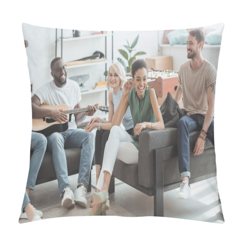 Personality  Group Of Multiethnic Smiling Young People Having Fun And Playing Guitar  Pillow Covers