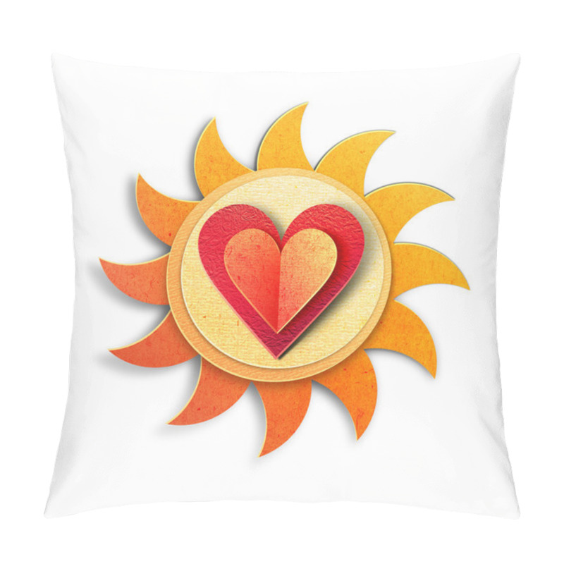 Personality  Sun Icon With Paper Heart On It. Paper Cut Illustration. Isolated On White Background Pillow Covers