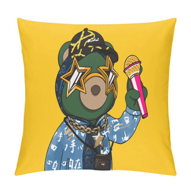 Personality  Green Phanta Bear Rapper Holding Microphone Wearing Blue Hoodie And Cap NFT Art Llustration Pillow Covers