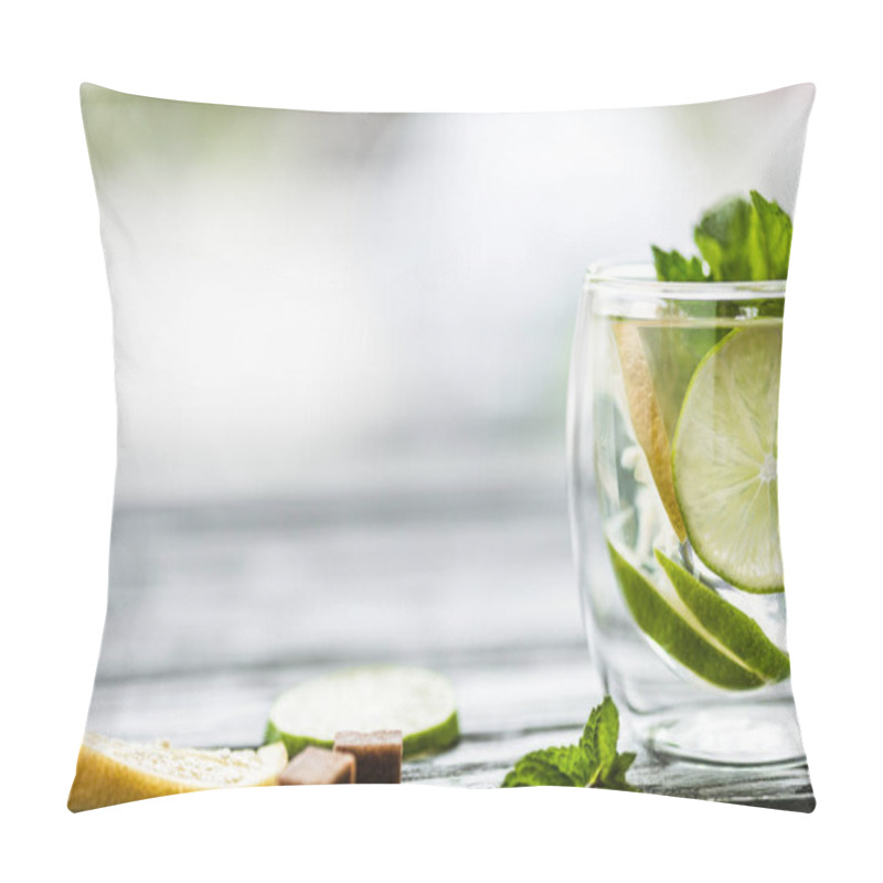 Personality  Close-up View Of Glass With Fresh Cold Mojito Cocktail On Table     Pillow Covers