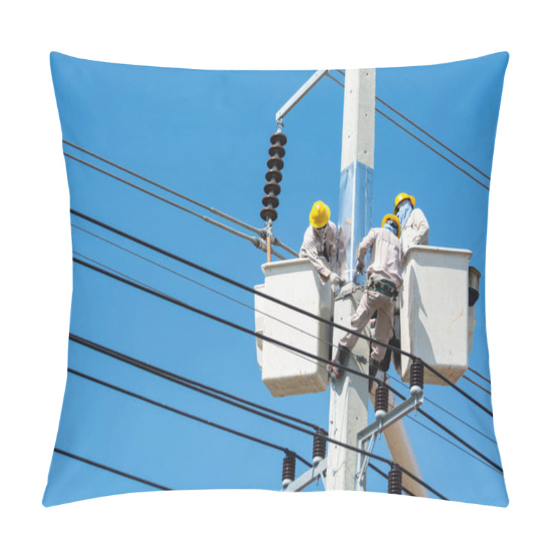 Personality  Group Of Male Engineer Or Electrician Working On Crane Bucket Over Electrical Pole With Pillow Covers