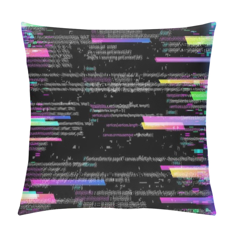 Personality  Computer Glitch, Program Bug Or Error Background With Code Lines And Screen Pixels Noise. Software Development Problem, System Critical Mistake Or Hardware Fail Vector Backdrop. Virtual Attack Concept Pillow Covers