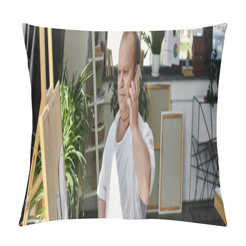 Personality  A Man With Inclusivity, Dressed In White, Stands In His Studio, Talking On His Cell Phone. Pillow Covers