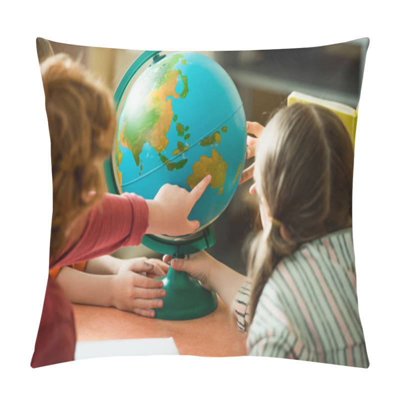 Personality  Back View Of Blurred Boy Pointing At Globe Near Kids And Teacher Pillow Covers