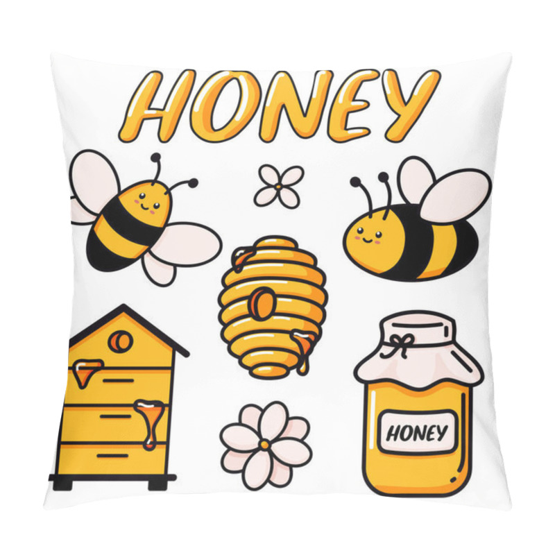 Personality  Set Of Cute Bee, Tasty Healthy Honey, Jar, Hives, Flower, And Text Vector Illustrations Doodle. Hand Drawn Colored Trendy Vector Illustration In Cartoon Pillow Covers