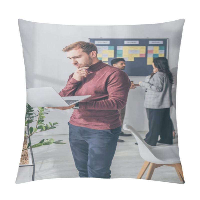 Personality  Selective Focus Of Handsome Scrum Master Using Laptop Near Multicultural Coworkers  Pillow Covers