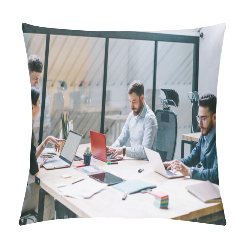 Personality  Concentrated Male And Female Employees Keyboarding On Laptop Devices In Search Information Using Wireless Internet Connection In Modern Office.Collaborative Process Of Finance Company Pillow Covers