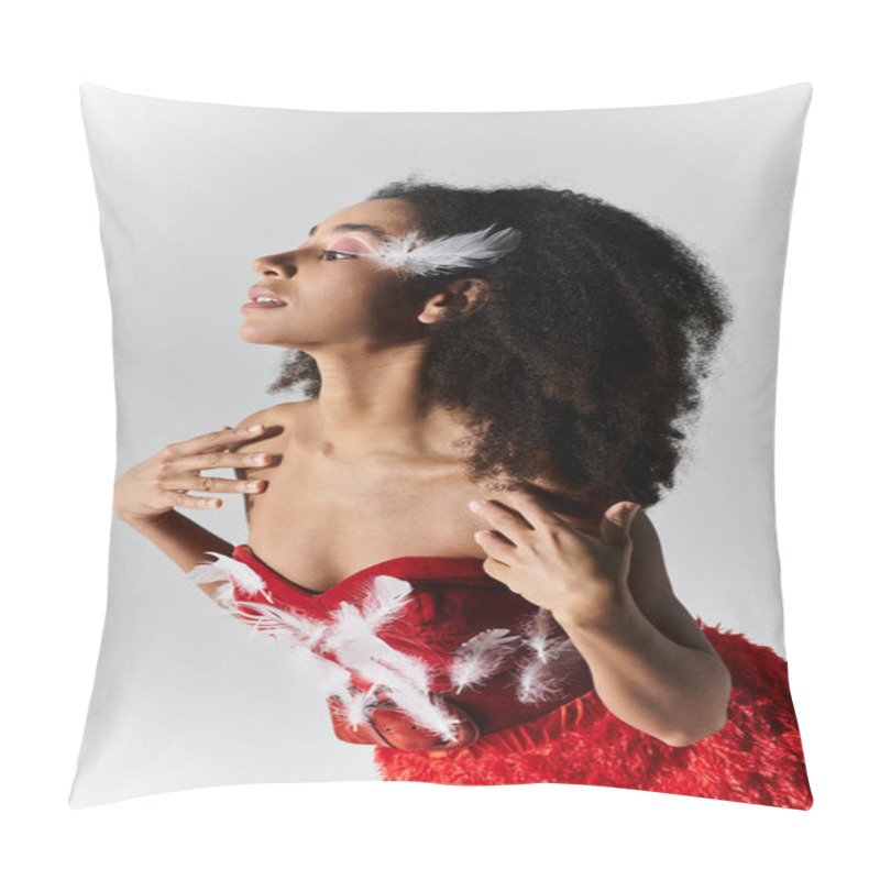 Personality  A Young Woman Showcases A Striking Red Outfit With Feathers, Exuding Confidence And Grace. Pillow Covers