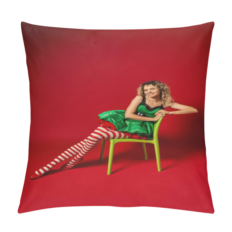 Personality  Pretty Joyful Woman In Festive Dress Sitting On Yellow Chair On Red Backdrop, New Year Elf Concept Pillow Covers