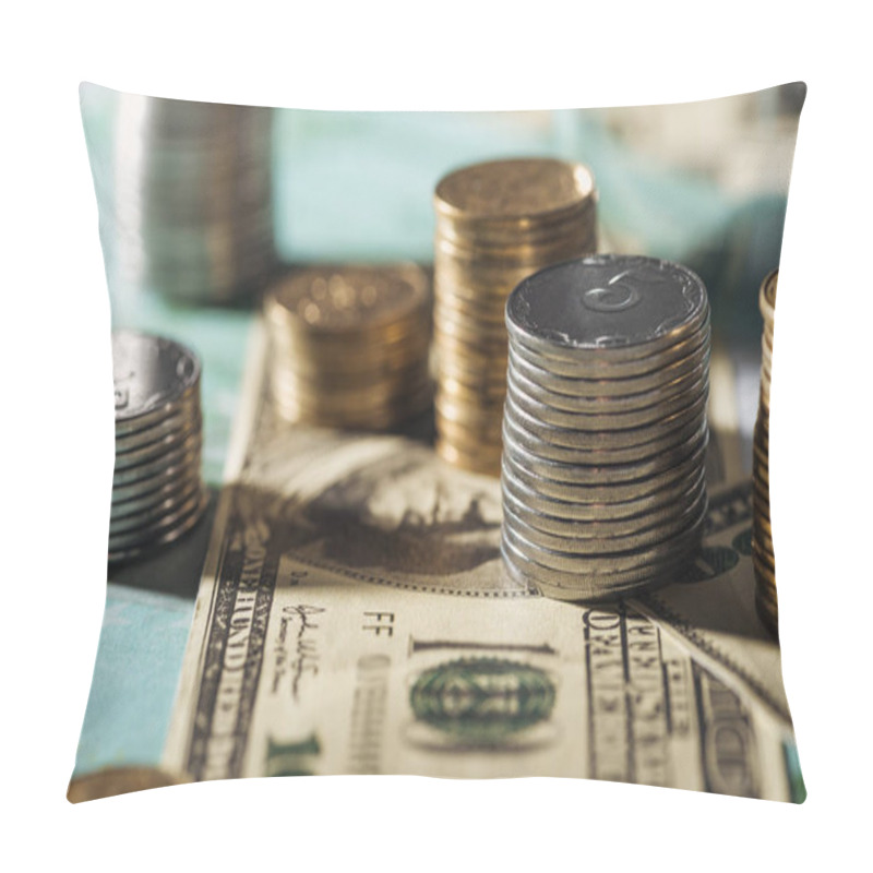 Personality  Selective Focus Of Ukrainian Coins Stacks On Dollar Banknotes With Blurred Background Pillow Covers