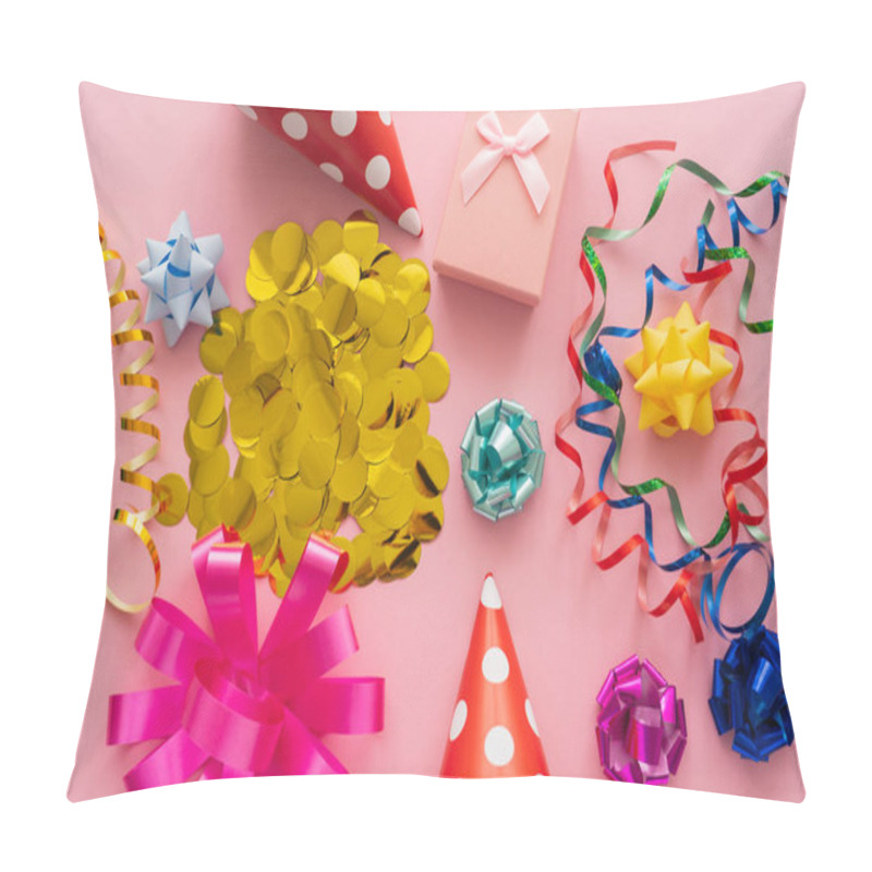 Personality  Top View Of Confetti Near Serpentine And Gift Box On Pink Background  Pillow Covers