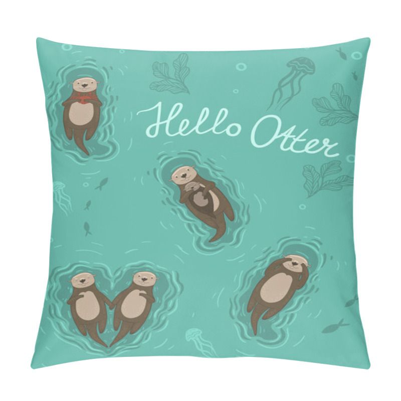 Personality  Set Of 5 Sea Otters. Vector Graphics. Greeting Card With The Words Hello Otter Pillow Covers