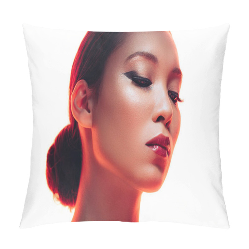 Personality  Brunette Asian Woman With Makeup In Red Light, Isolated On White Pillow Covers