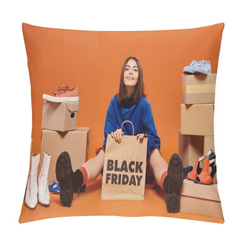 Personality  Smiling Brunette Woman Sitting With Shopping Bag Near Boxes With Shoes On Orange, Black Friday Pillow Covers