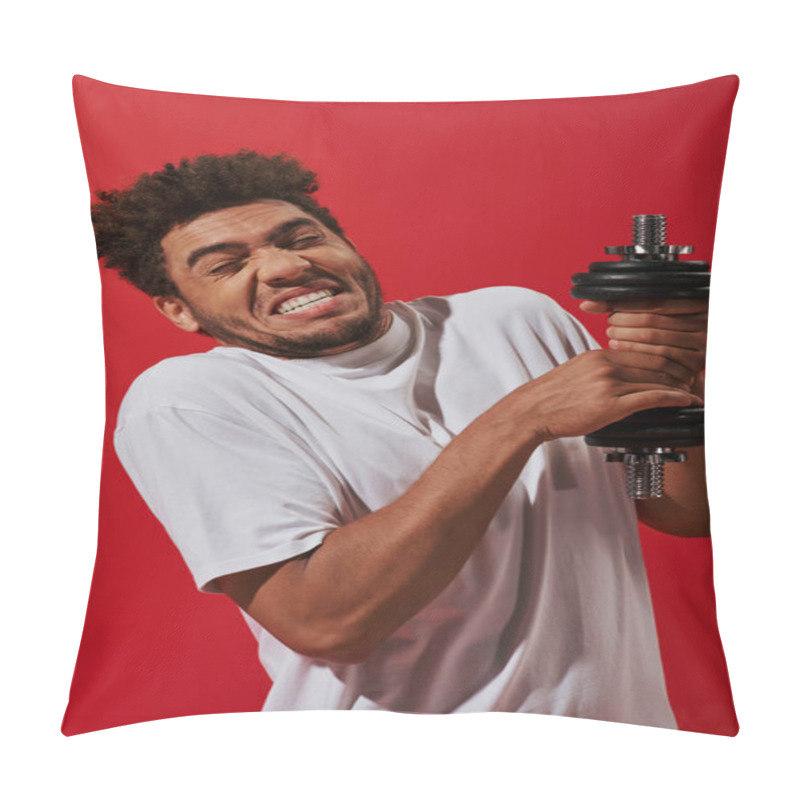 Personality  Young And Curly African American Sportsman Working Out With Heavy Dumbbell On Red Background Pillow Covers