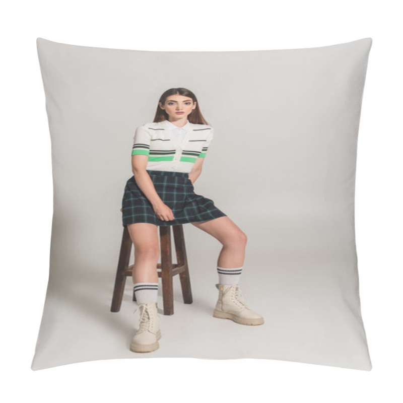 Personality  Young Woman In Trendy Clothes Sitting On High Wooden Stool On Grey Background Pillow Covers