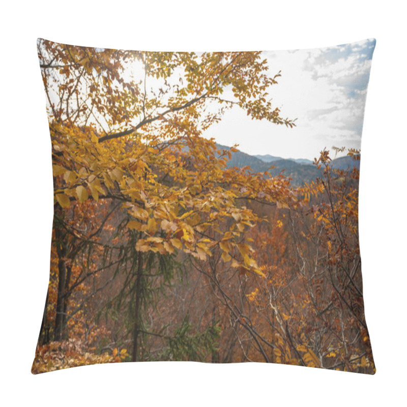 Personality  Golden Autumn Leaves On Branches With A Scenic Mountain Landscape In The Background. Sunlight Filters Through, Enhancing The Warm Tones Of Fall Foliage. Perfect For Nature, Autumn, And Outdoor Themes Pillow Covers