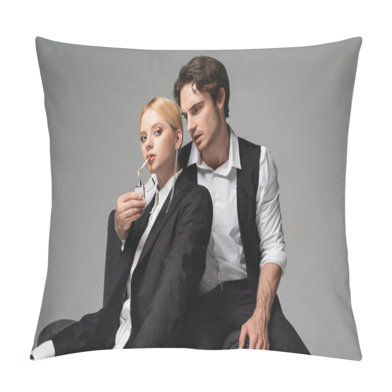 Personality  Stylish Man In Elegant Clothes Lightening Cigarette Of Blonde Woman Isolated On Grey Pillow Covers