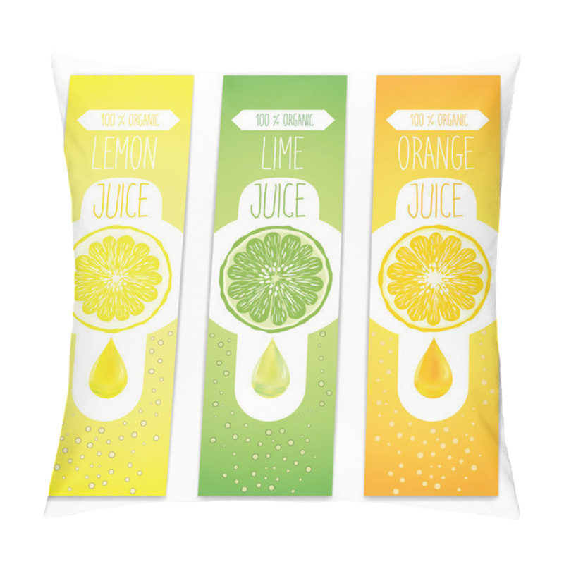 Personality  Lemon, Lime And Orange Fresh Juice Label Template For Citrus Fruit Products. Three Banners With Fruit Slices, Juice Drops And Bubbles Pillow Covers