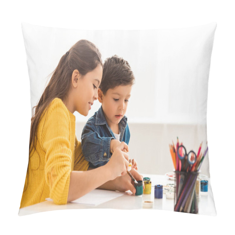 Personality  Concentrated Brother And Sister Sitting At Table And Drawing With Paints Togerther Pillow Covers