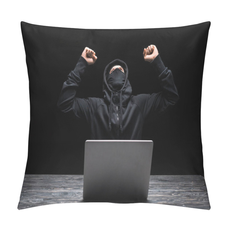 Personality  Excited Hacker In Mask Celebrating Triumph Near Laptop Isolated On Black  Pillow Covers