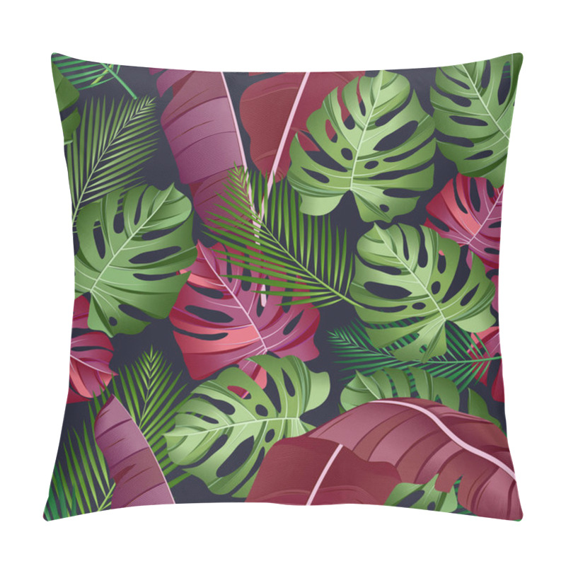 Personality  Seamless Pattern With Tropical Leaves: Palms, Monstera, Banana Leaves, Jungle Leaf Seamless Vector Pattern Dark Background. Swimwear Botanical Design. Vector. Pillow Covers