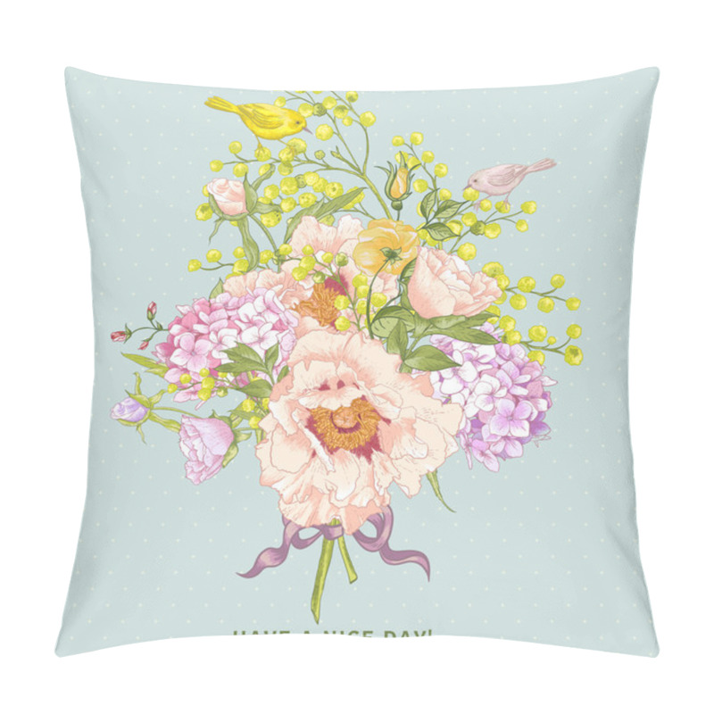 Personality  Spring Floral Bouquet With Birds, Greeting Card Pillow Covers