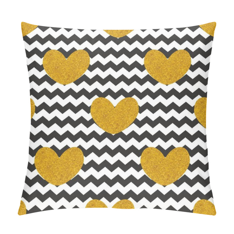 Personality  Tile Vector Pattern With Golden Hearts And Black And White Zig Zag Background Pillow Covers