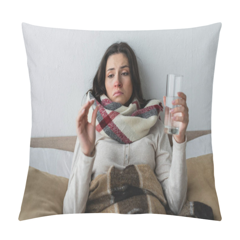 Personality  Sick And Sad Woman Holding Glass Of Water And Pill While Lying Under Plaid Blanket Pillow Covers