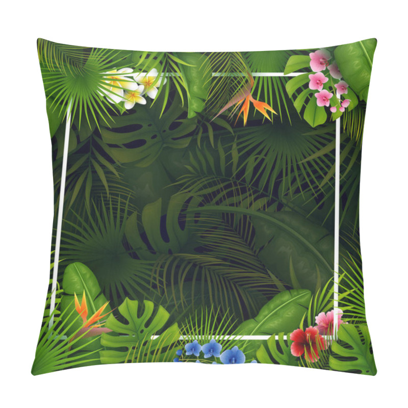 Personality  Tropical Leaves And Flowers With Empty Frame Square On Dark Background Pillow Covers