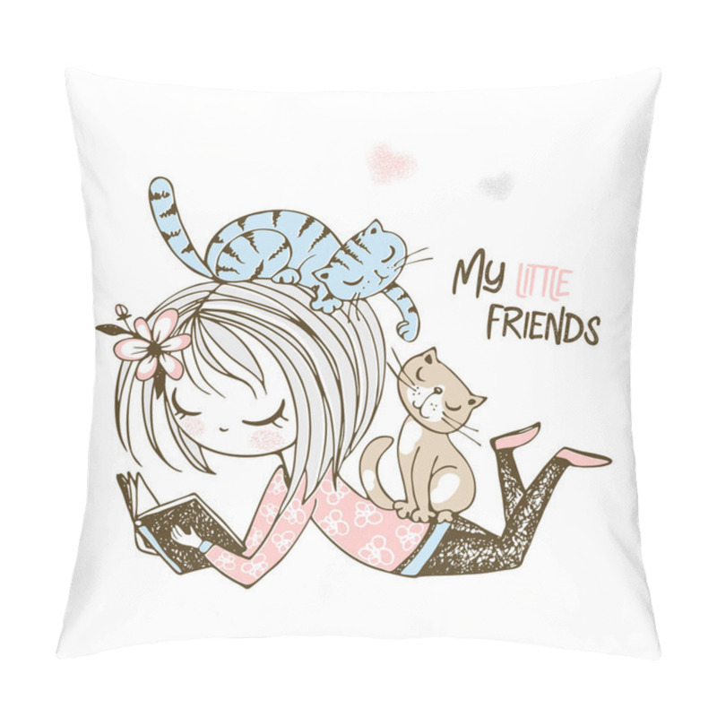 Personality  Cute Girl Reading A Book In The Company Of Small Kittens. Vector. Pillow Covers