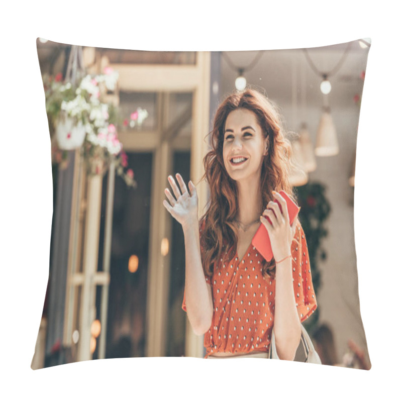 Personality  Portrait Of Cheerful Woman With Smartphone In Hand Waiving To Someone On Street Pillow Covers